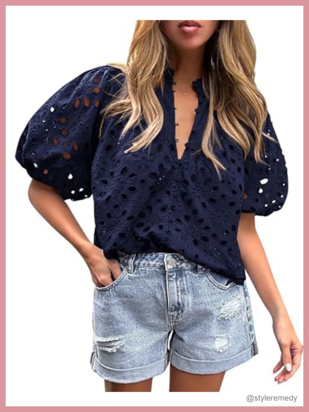 Women's Boho Eyelet Puff Sleeve Blouse Button Down V Neck Top